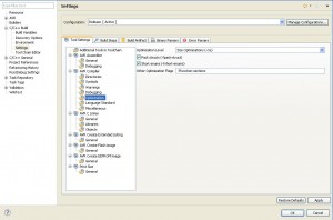 Okno Project Properties z dodanym poleceniem ffunctions-sections